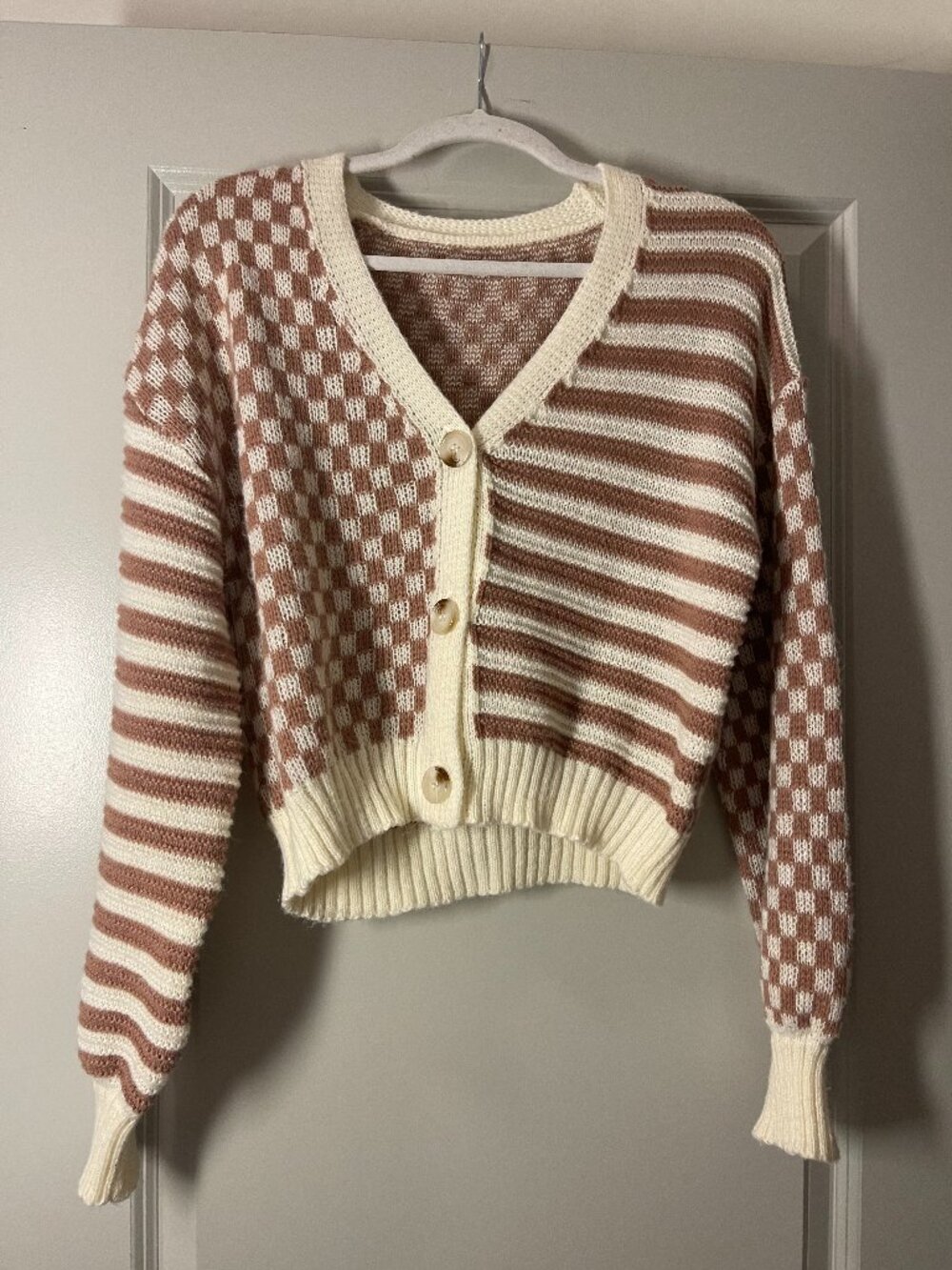 Checker Pattern Drop Shoulder Cardigan - Picture 2 of 7